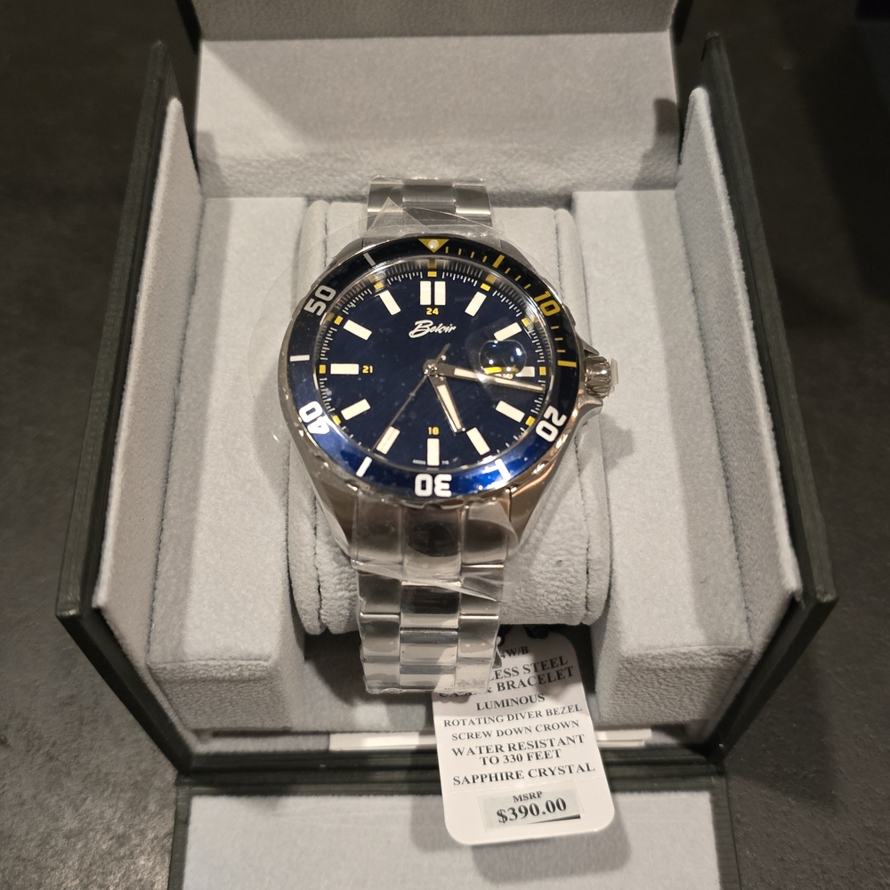 NEW Blue and Silver BELAIR Wrist Watch with Stainless Steel Bracelet SCREW DOWN